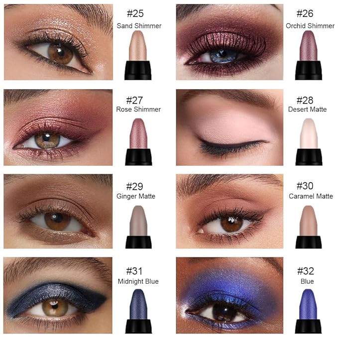 evpct 8Pcs Cream Eye Shadow Brightener Sticks Set for Eyes, Sand Orchid Rose Desert Ginger Caramel Midnight blue Blue Glitter Shimmer Matte Liquid Pencil Eye shadow Applicator Stick Palette Makeup 04