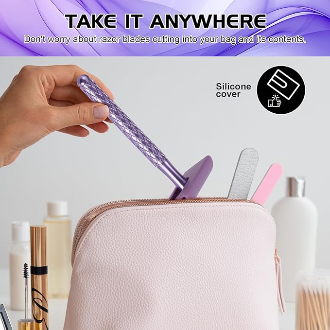 Double Edge Safety Razor for Women Purple with 10 Blades and Silicone Cover - Durable Metal Eco-Friendly Single Blade Razor - Closed Smooth Shave