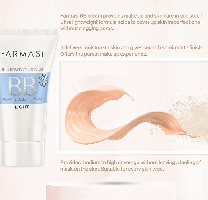 FARMASi Make Up BB Cream Beauty Balm, Full-Coverage Foundation, Concealer, Moisturizer BB Cream for All Skin Types, 1.7 fl. oz. / 50 ml (Light)