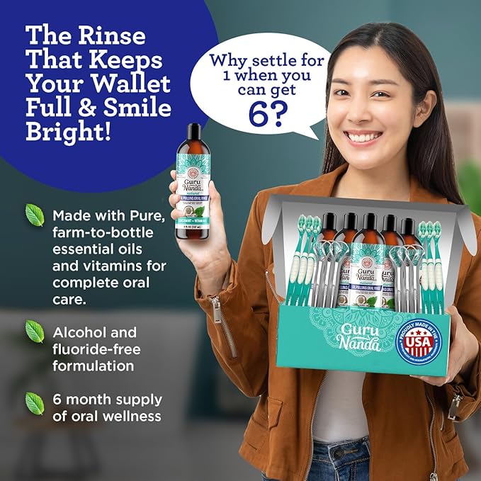 GuruNanda CocoMint Oil Pulling Mouthwash for Complete Oral Hygiene, 7 Essential Oils & Vitamins for Happy Teeth & Gums & Fresh Breath, Alcohol-Free, 6X8 oz