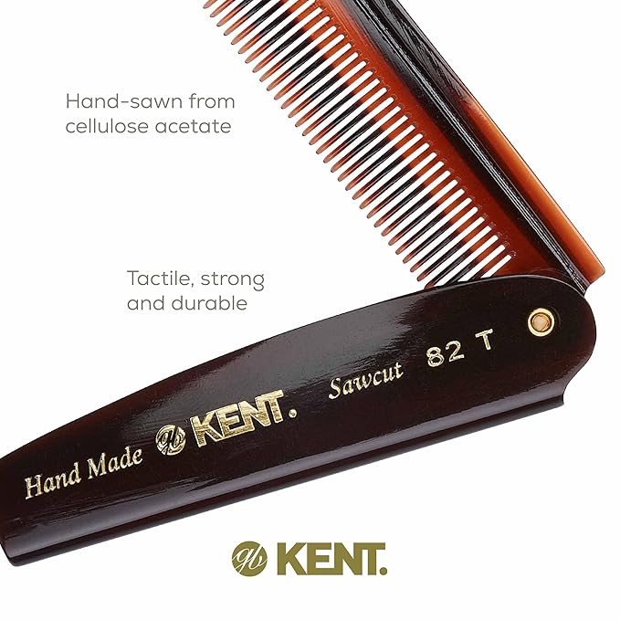 Kent 82T Handmade Folding Pocket Comb for Men, Fine Tooth Hair Comb Straightener for Everyday Grooming Styling Hair, Beard or Mustache, Use Dry or with Balms, Saw Cut Hand Polished, Made in England
