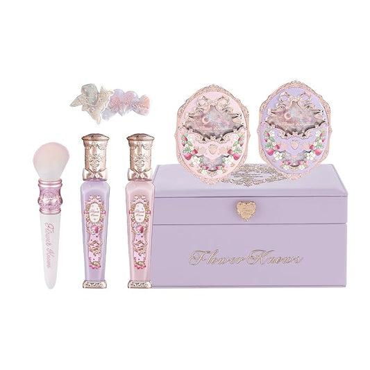 Flower Knows Violet Strawberry Rococo Makeup Box Set, 7 Pack Makeup Box with Mirror, Lip Gloss2, Blush2, Blush Brush1, Hair Clip1, Gift Box1