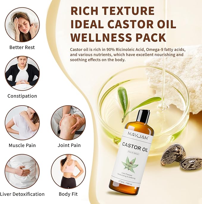 Organic Castor Body Oil: Cold Pressed 16OZ USDA Certified 100% Pure Organic Castor Oils for Hair Growth&Skin Oil for Eyebrows, Eyelash Carrier Oil for Women&Men Hair Moisturizer,Hexane-Free