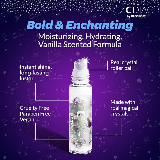 Blossom Juicy Jelly Moisturizing Lip Care Fruit Flavored Nourishing Lip Oil + Zodiac Sign Vanilla Scented Roll On Lip Gloss with Crystals, 2 Pack Bundle, Grape/Virgo