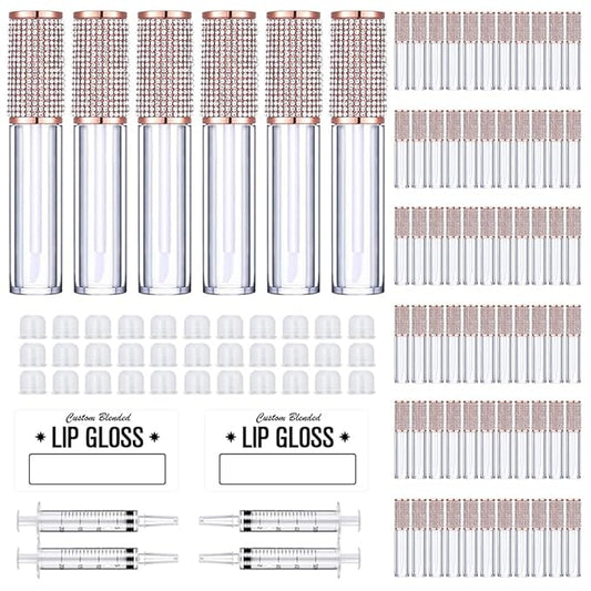 AMORIX 72 Pack 5ml Crystal Rhinestone Lip Gloss Tubes with Wand 5ml Empty Lip Gloss Containers Lipgloss Bottles with Stoppers 4pcs Syringes + Labels for DIY Lip Gloss Balm