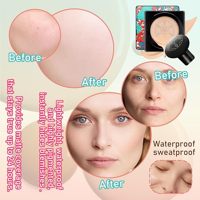Mushroom Head Air Cushion CC Cream Foundation Set,Includes Makeup Sponge