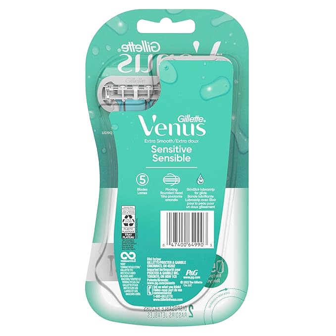 Gillette Venus Extra Smooth Sensitive Disposable Razors for Women with Sensitive Skin, 2 Count (Pack of 2)