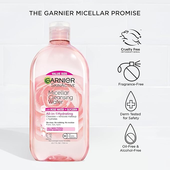 Garnier Micellar Water with Rose Water and Glycerin, Hydrating Facial Cleanser & Makeup Remover, For All Skin Types, Vegan, Cruelty Free, 23.7 Fl Oz (700mL), 1 Count