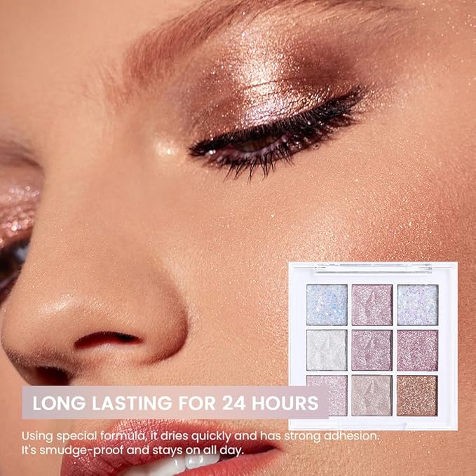 Pink White Glitter Shimmer Sparkle Eye Shadow Palette, Warm Pastel 9 Colors Sparkle eyeshadow Palette Makeup,Colorful Long Lasting Waterproof Naturing-Looking (ice glitter)