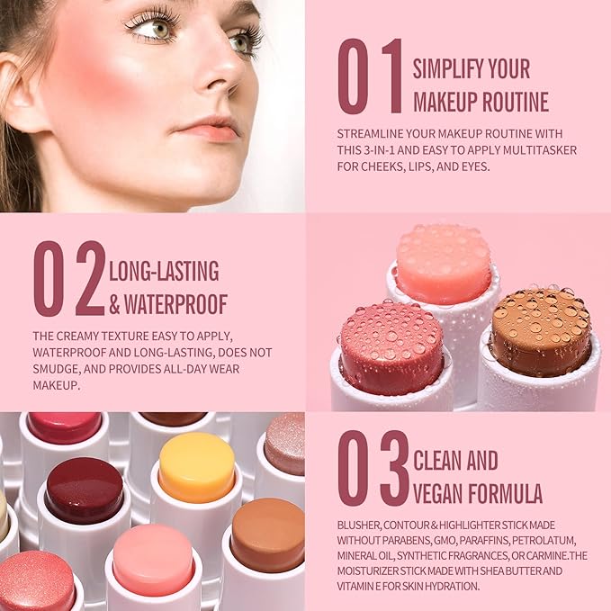KIMUSE Multi Stick Trio Face Makeup, Cream Blush Skin,PEACHY PINK