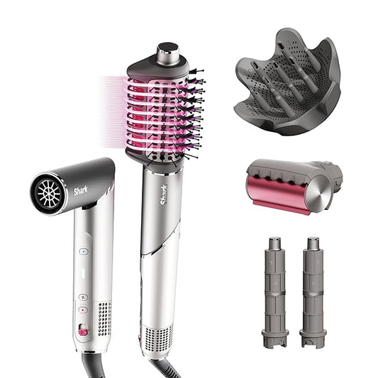 Shark FlexFusion Hair Dryer with Fusion Hair Brush, Diffuser, Ceramic Air Styler with Auto-Wrap Hair Curlers, Ceramic Plates, Metallic Mist HD642