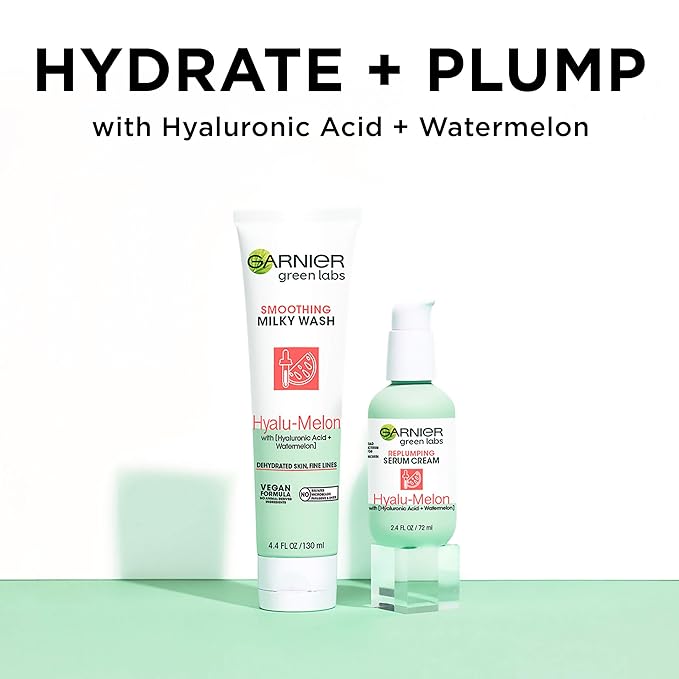 Garnier SkinActive Green Labs Hyalu-Melon Smoothing Milky Washable Cleanser with Hyaluronic Acid + Watermelon for Dehydrated Skin, Fine Lines, 2 Count (Packaging May Vary)
