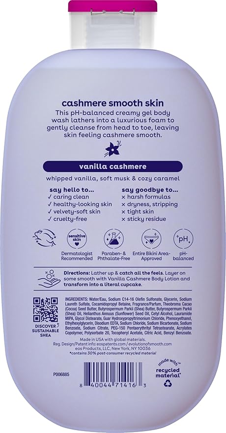 eos Shea Better Cashmere Body Wash, Vanilla Cashmere, Moisturizing and Nourishing, pH Balanced Creamy Gel Formula, Paraben & Phthalate Free, Sensitive Skin,16 fl oz