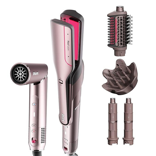 Shark FlexFusion Hair Straightener & Powerful Hair Dryer with Diffuser, Fusion Hair Brush, Ceramic Air Styler with Auto-Wrap Hair Curlers, Ceramic Plates, Cosmic Blush HD642S