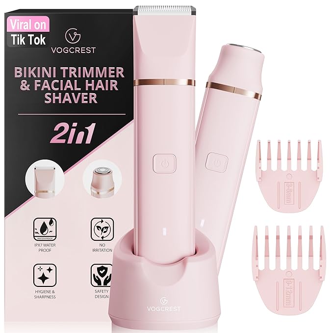 Electric Bikini Trimmer: 2 in1 Body Facial Hair Remover - Painless Pubic Hair Shaver (Pink)