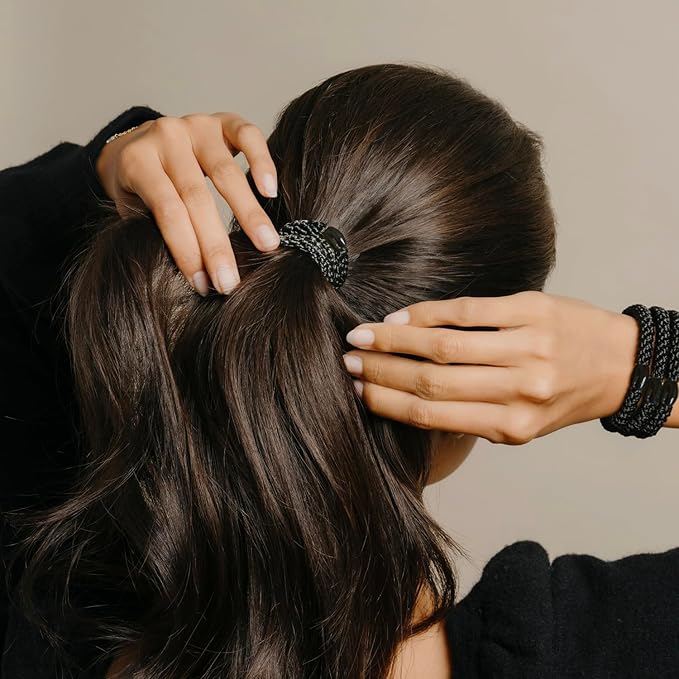 L. Erickson Grab & Go Pony - Blue Tide - 8 Pack Ponytail Holder Hair Ties - Mixed Teal and Black