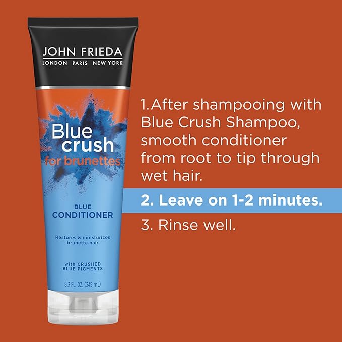 John Frieda Blue Crush Shampoo and Conditioner Set for Brunettes, Nourishes Color-Treated and Natural Hair, Blue Pigments for Vibrant, Cool-Toned Brunette Hair, 8.3 Oz, Pack of 2