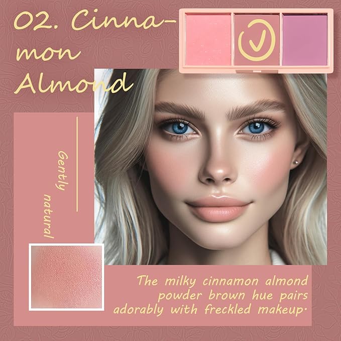 3 Color Matte Pink Blush Palette with Brush, Long Lasting Cheek Makeup, Light and Smooth Blush Powder for Face Beauty