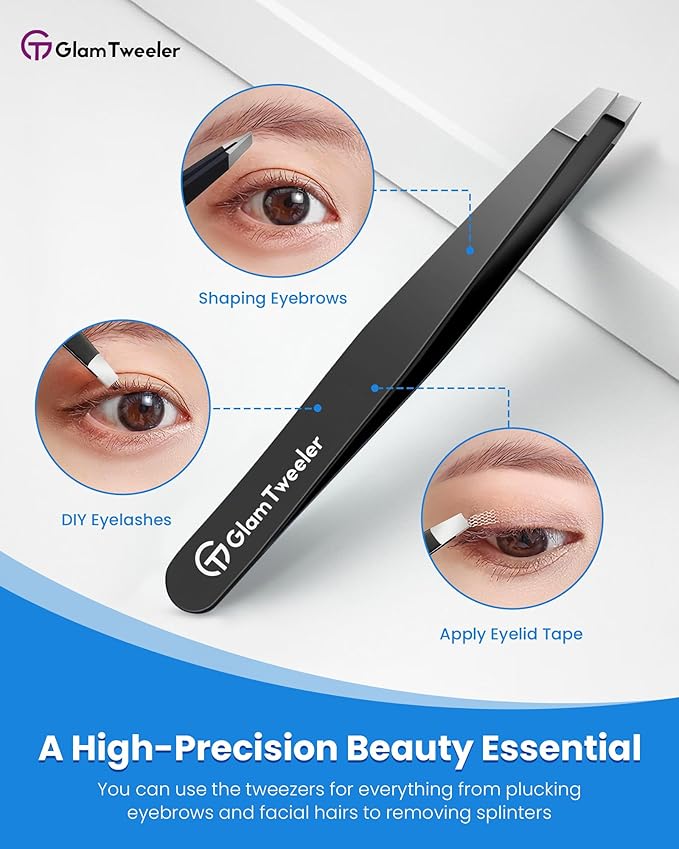 Expert Slant Tip Tweezers with Leather Case, GlamTweeler Sharp & Precision Stainless Steel Tweezer for Eyebrows, Facial Hair and Fine Hairs Removal (Black)