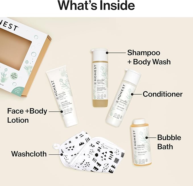 The Honest Company Fragrance Free Bathtime Gift Set | Hypoallergenic Bath Essentials for Sensitive Skin | Shampoo + Body Wash, Face + Body Lotion, Bubble Bath, Conditioner, Wash Cloth