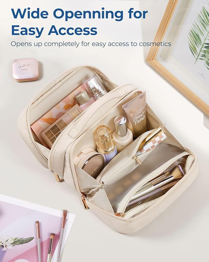 BAGSMART Travel Makeup Bag Large Capacity Cosmetic Bag, Wide-open Portable Make Up Bag Organizer for Women for Travel Essentials Toiletries Accessories Bottles, Brushes (Green)