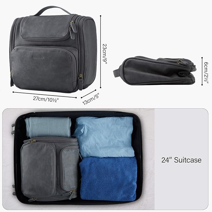 BAGSMART Hanging Toiletry Bag, Water-resistant Leather Dopp Kit, Large Travel Organizer for Full Sized Container, Grey