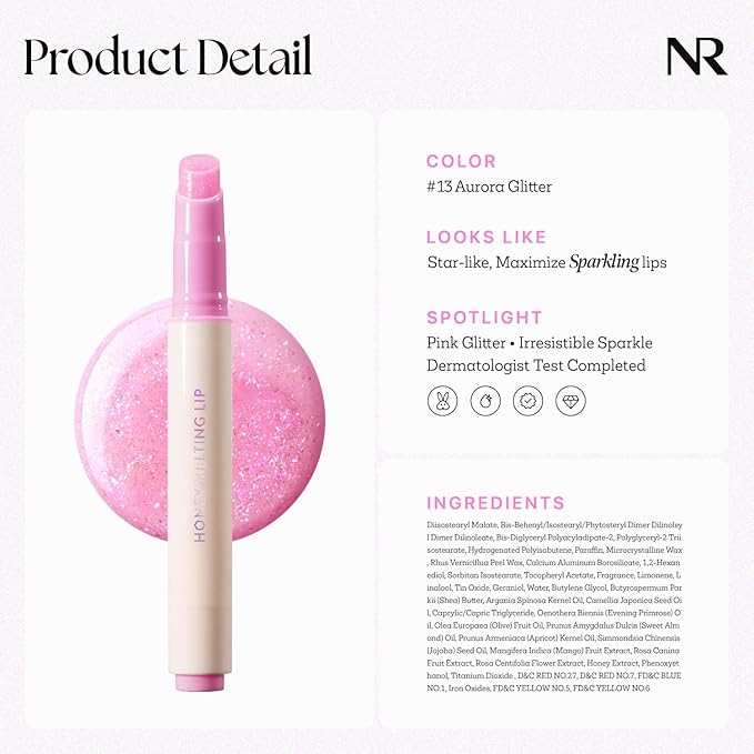 Nature Republic HONEY MELTING LIP GLITTER (13 AURORA) SOFT LIP STICK Hydrating Gloss, Moisturizing balms, Shine Glimmer Finish, Shimmery-Sheer tint, korean make up