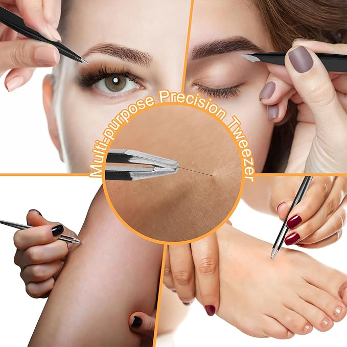 Yougai Tweezers Set,9 Pcs Professional Stainless Steel Eyeberow Tweezer Kit for Women and Men, Great Precision Tweezers No Gaps with Leather Travel Case