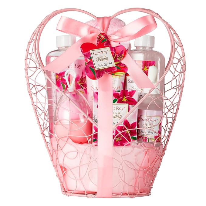 Gift Basket For Women, Mother's Day Gift for Mom Spa Set Lily & Peony Home Spa Set, Beauty Personal Care Set Jojoba Oil, Spa Self Care Kit, Bath Body For Thank You, Birthday, Mom, Anniversary Gift