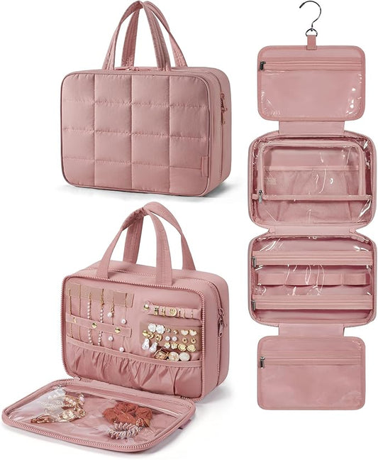 BAGSMART Travel Toiletry Bag with Jewelry Organizer, Hanging Travel Bag for Toiletries, Puffy Makeup Cosmetic Bag Organizer, Carry-on Travel Accessories Essentials, Dark Pink-M