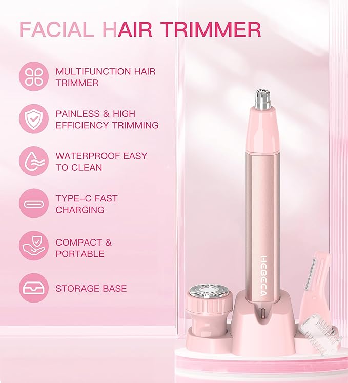 Nose Hair Trimmer for Women 3in1 Facial Hair Removal Trimmers with Storage Base - Waterproof, Portable USB Rechargeable with Travel Bag- Trims Nose, Ear, Eyebrow, Peach-Fuzz, Lips, Chin Face Hair