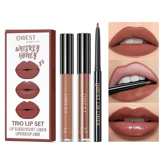 QiBest 3-in-1 Lipstick Set for Women & Teen Girls, Matte Liquid Lipstick + Lip Gloss + Gel Lip Liner Pencil Trio Lip Gift Kit for 24 Hours Long Lasting & Waterproof Lip Makeup (Whiskey Honey)