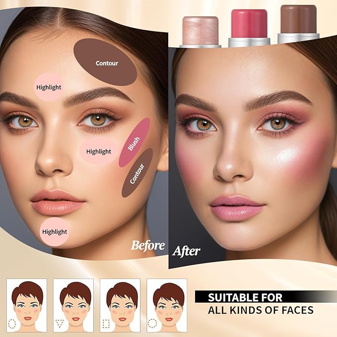 3 Pcs Cream Waterproof Blush Contour Highlighter Stick Finishing Makeup