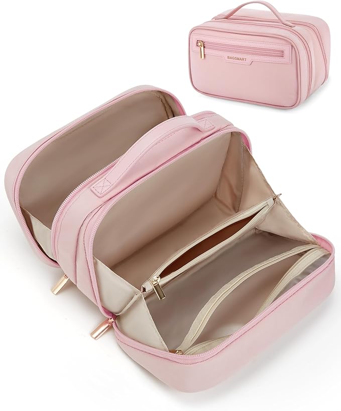 BAGSMART Travel Makeup Bag Large Capacity Cosmetic Bag, Wide-open Portable Make Up Bag Organizer for Women for Travel Essentials Toiletries Accessories Bottles, Brushes, Pink