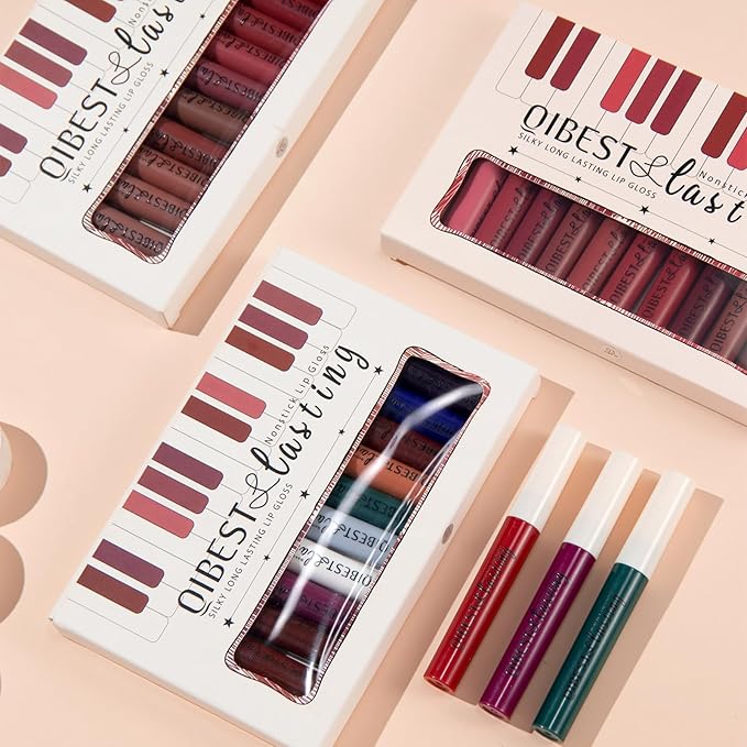 QiBest 12Pcs Velvet Matte Liquid Lipstick Makeup Sets for Women & Teens Gift, Waterproof Long Wear 24 Hours Nudes Burgundy Red Brown Lip Stain Kits, Non-Stick Cup Mate 24 Horas Lip Gloss Holiday Set