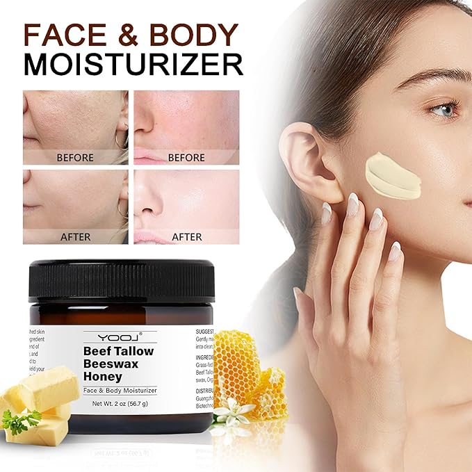 Beef Tallow and Honey Face Moisturizer for Face & Body - Organic Beef Tallow Moisturizer with Tallow and Beeswax & Honey, Beef Tallow for Skin Intensive Hydration - Vitamins(B1, A, D E & K) 2oz
