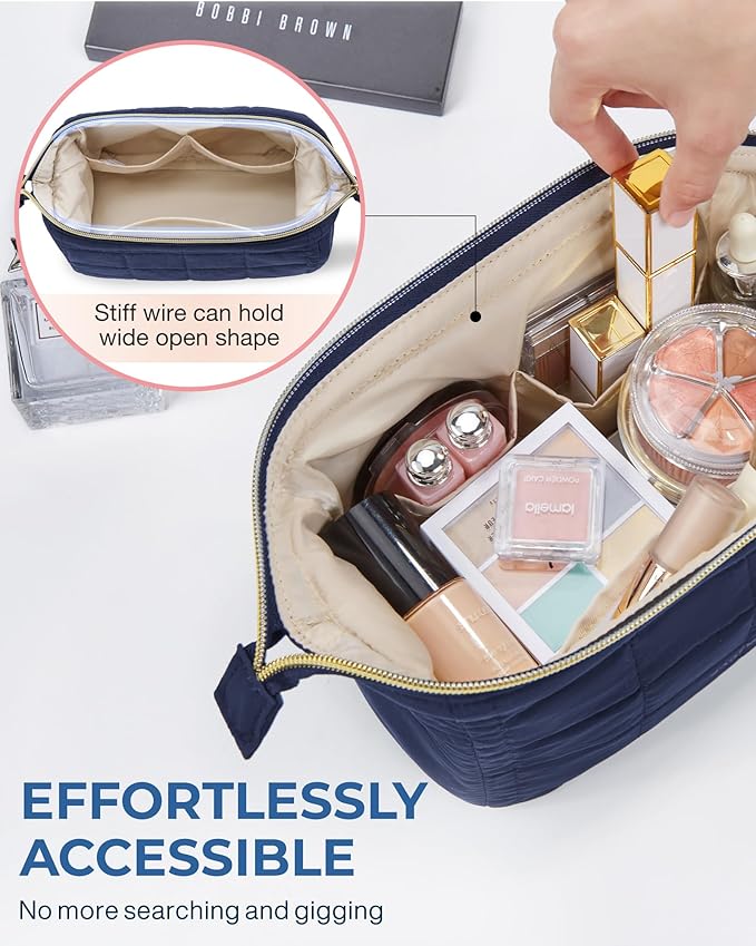 BAGSMART Makeup Bag Travel Toiletry Bag, Puffy Padded Make Up Bags for Women Makeup Organizer Case, Wide-open Pouch Purse Travel Essentials Toiletries Accessories Brushes, Navy Blue