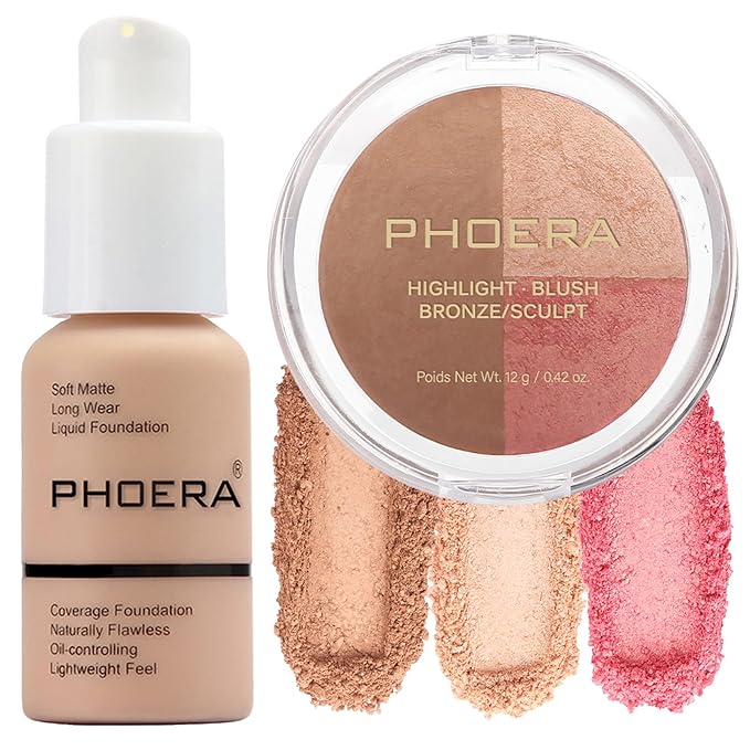 PHOERA Foundation, PHOERA Contour Palette,Shades with Highlighter & Contour/Warm peach+#002)