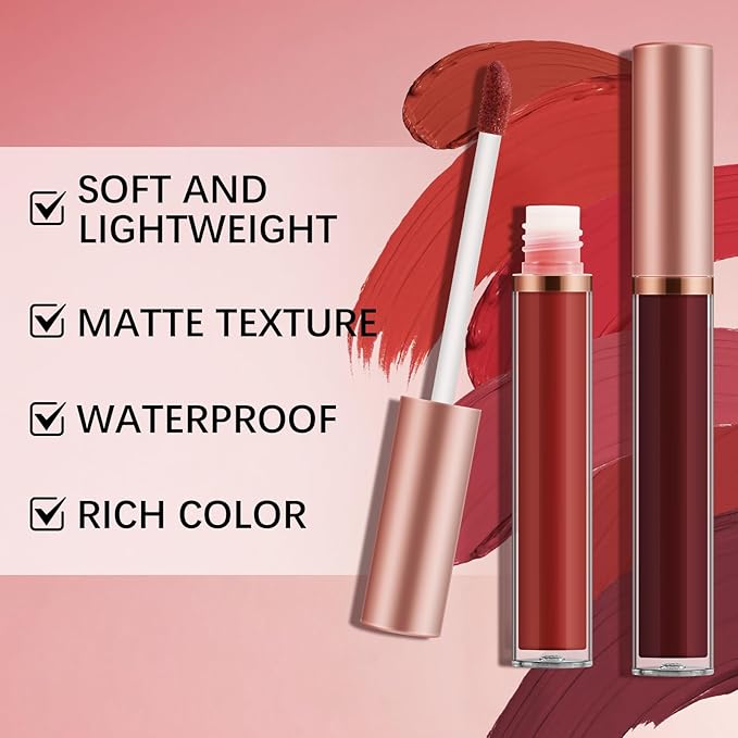 6pcs Matte Lip Gloss Set for Women,Highly Pigmented Velvet Lip Stain，Long Lasting，Waterproof Lip Makeup，Nude，Brown