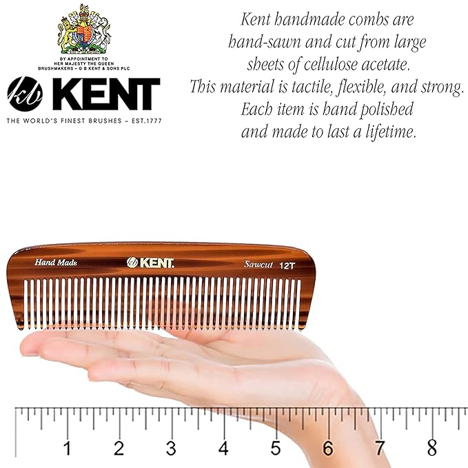 Kent 12T Wide Tooth Detangling Comb - Handmade Pocket Grooming Tool for Thick, Curly, Wavy Hair, Beards and Mustaches - SawCut and Hand Polished