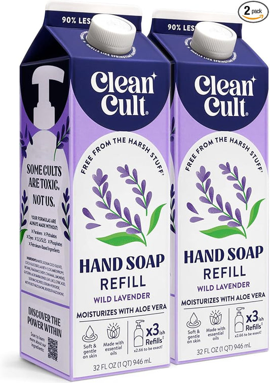 Cleancult Liquid Hand Soap Refills - Moisturizes Dry & Sensitive Skin - Made with Aloe Vera & Lavender Essential Oils - Wild Lavender - Eco Friendly - Paper-Based Packaging - 32 oz/2 Pack