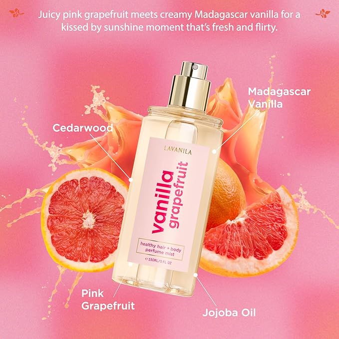 Lavanila Vanilla Grapefruit Healthy Hair + Body Perfume Mist, 5 Fl Oz - Bright & Uplifting Fragrance Spray Formulated with Jojoba Oil, Madagascar Vanilla, Cedarwood, Pink Grapefruit