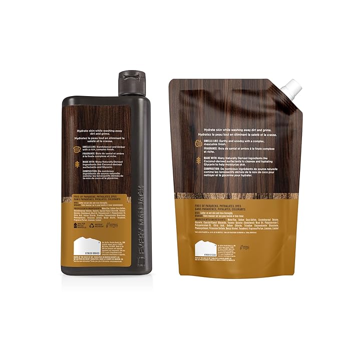 Every Man Jack Amber + Sandalwood Mens Body Wash Refill Starter Pouch - Naturally Derived Ingredients - Paraben Free, Phthalate Free, Dye Free - (1-36oz pouch, 1-24oz bottle)