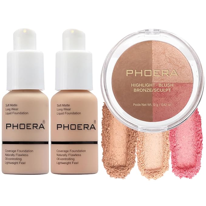 PHOERA Foundation, PHOERA Contour Palette,Shades with Highlighter & Contour/Nude+Warm peach+#002)