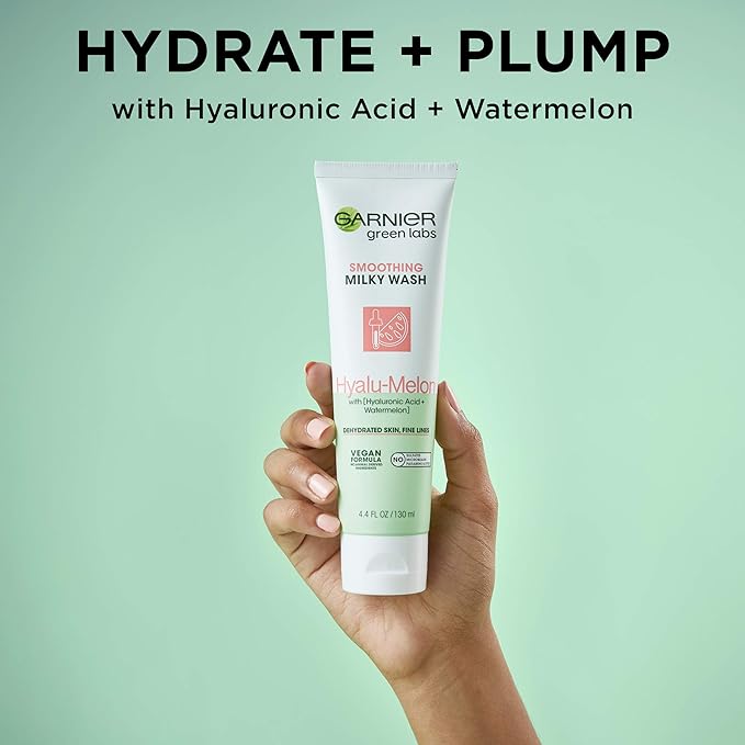 Garnier SkinActive Green Labs Hyalu-Melon Smoothing Milky Washable Cleanser with Hyaluronic Acid + Watermelon for Dehydrated Skin, Fine Lines, 2 Count (Packaging May Vary)