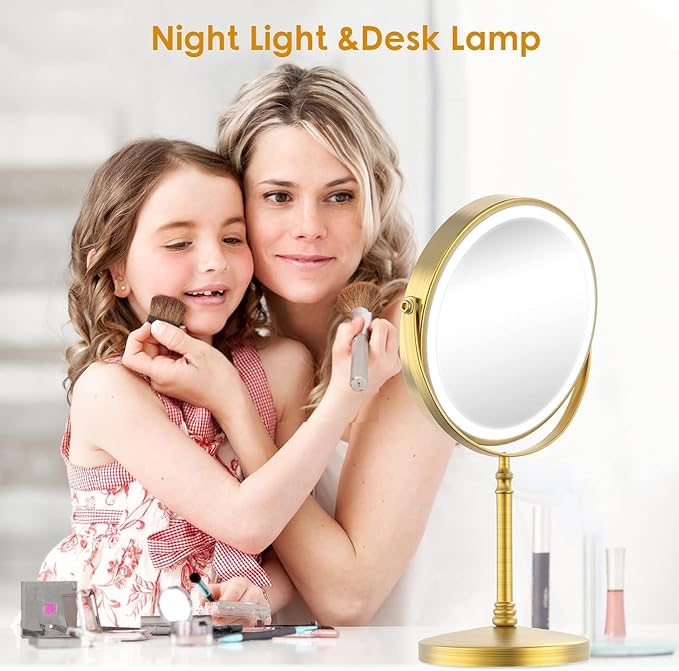Lighted Makeup Mirror, 3000 mAh Rechargeable Double Sided Magnifying Vanity Mirror with 3 Colors, 1x/10x, 360° Rotation , Brightness Adjustable Magnification Cosmetic Light up Mirror, Women Gift