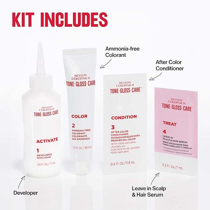 Revlon ColorSilk Tone + Gloss + Care Demi Permanent Hair Color, Dye Kit with Leave-In Scalp and Haircare Serum, 2x Shinier, 4x Stronger, 4 Dark Brown, 4.5 fl oz