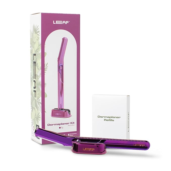 The Leaf Dermaplaner Kit, Fig - Plastic-Free Facial Razor and Exfoliating Tool Set; Includes 1x Dermaplaner, 1x Stand, 10x Refills