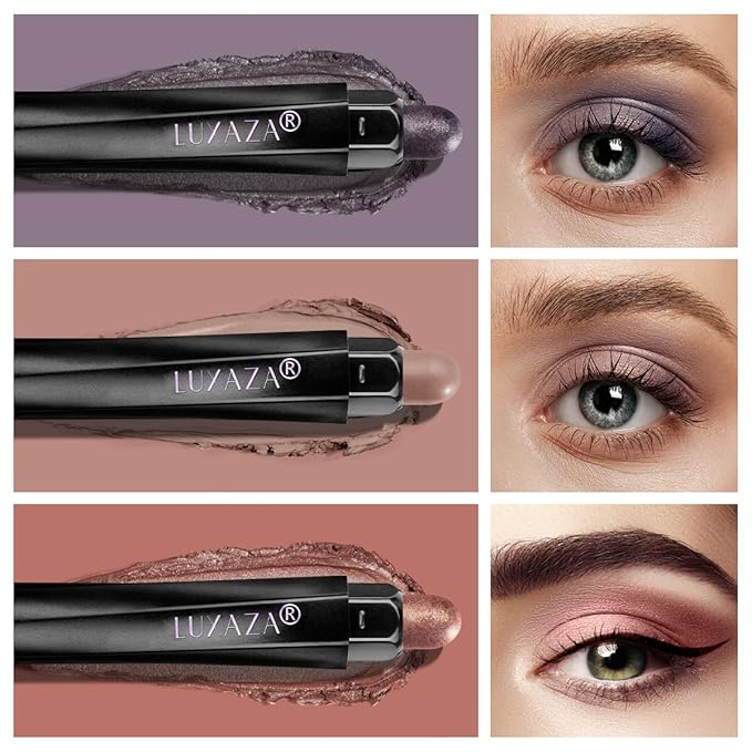 3Pcs Eyeshadow Stick Set, Matte And Shimmer Creamy Eyeshadow Pencil,Eye Brightener Stick,Nude Caramel Grayish Purple Shadow Sticks Set, Waterproof Long Lasting Smoky Highlighter Eye Makeup