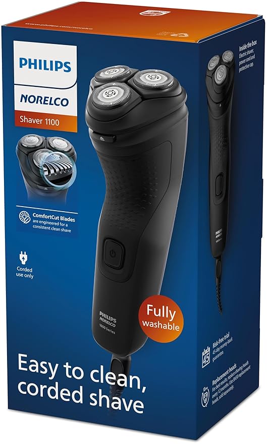 Philips Norelco Shaver 1100 Series, Dry Electric Shaver, 27 Self-Sharpening ComfortCut Blades, 4D Floating Heads, P-Cap, Deep Black, Model S1016/90